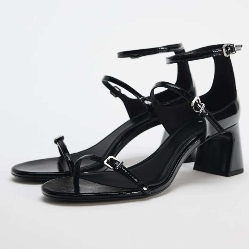 Zara Faux Patent Finish Block Sandals Black Size 8-8.5